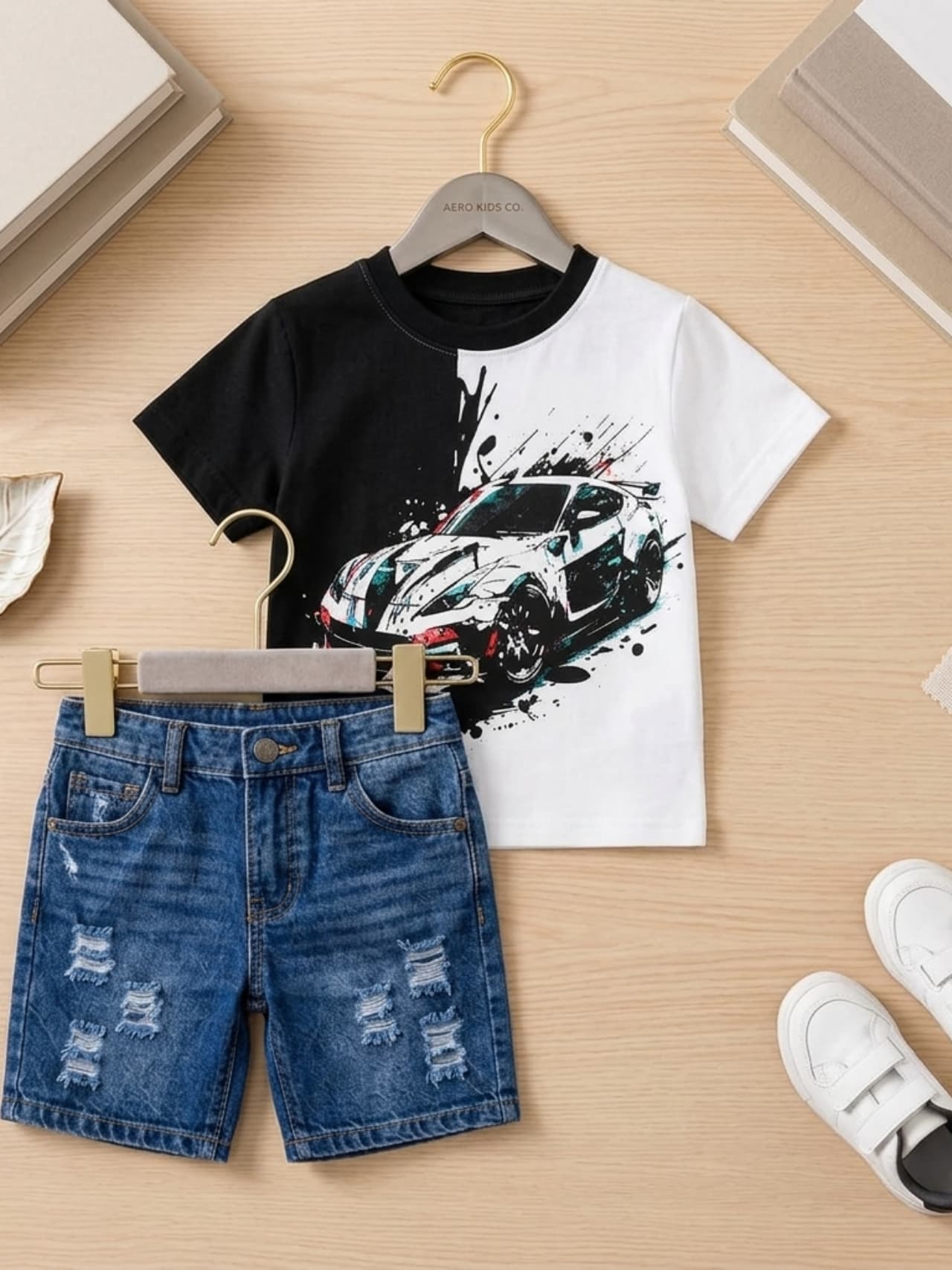 Boys Racing Car Graphic Tee & Ripped Denim Shorts Set