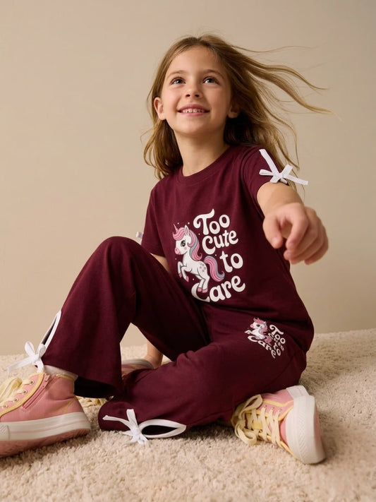 Girls Maroon Tee & Long Pant Set