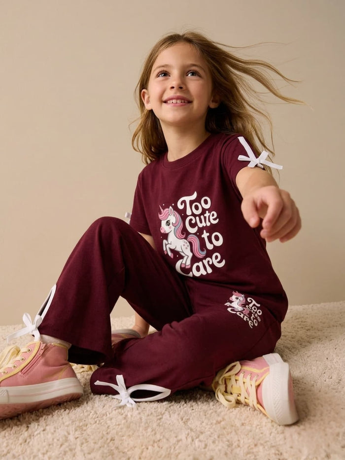 Girls Maroon Tee & Long Pant Set
