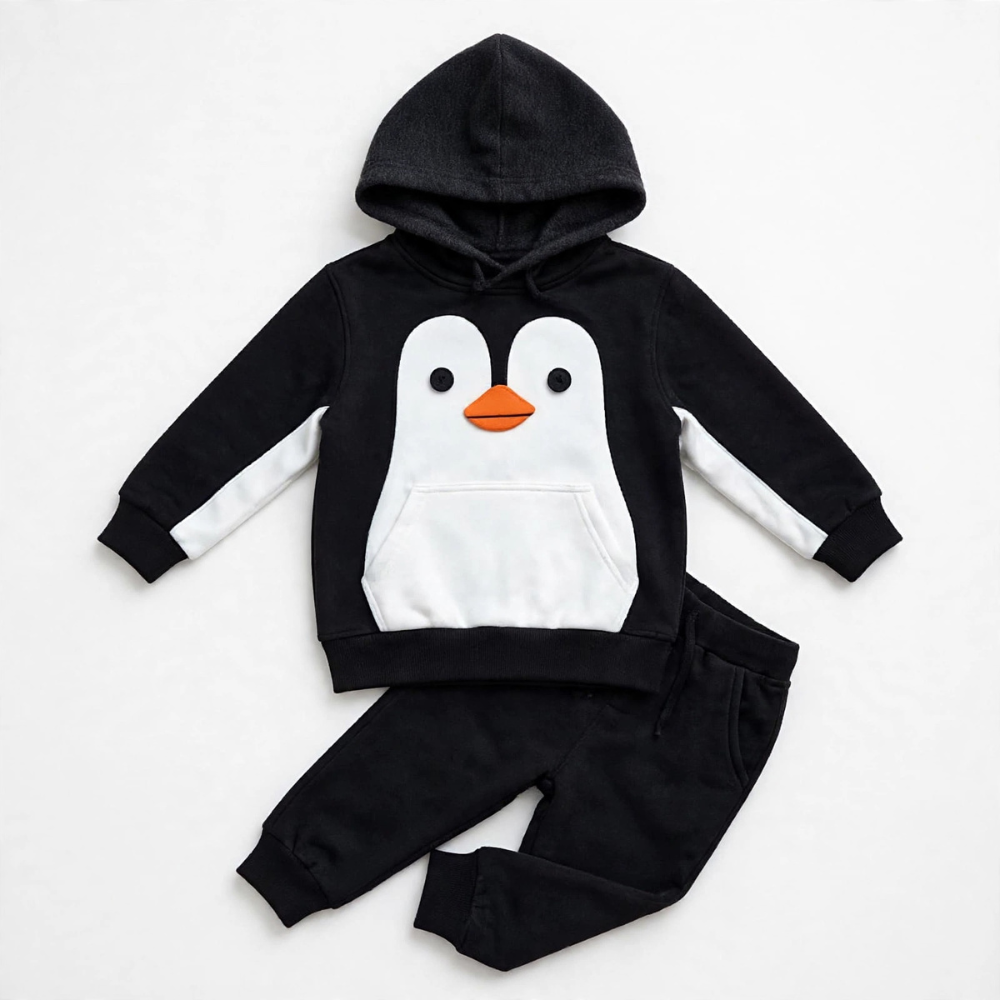 Penguin Face Hoodie & Jogger Set – Black/White