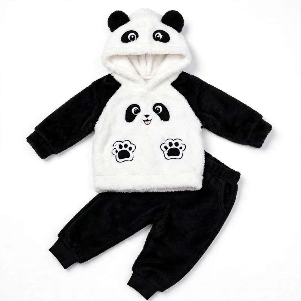 Fluffy Panda Hoodie & Jogger Set – White/Black