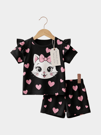 Girls Cat Love T-shirt And Shorts Set
