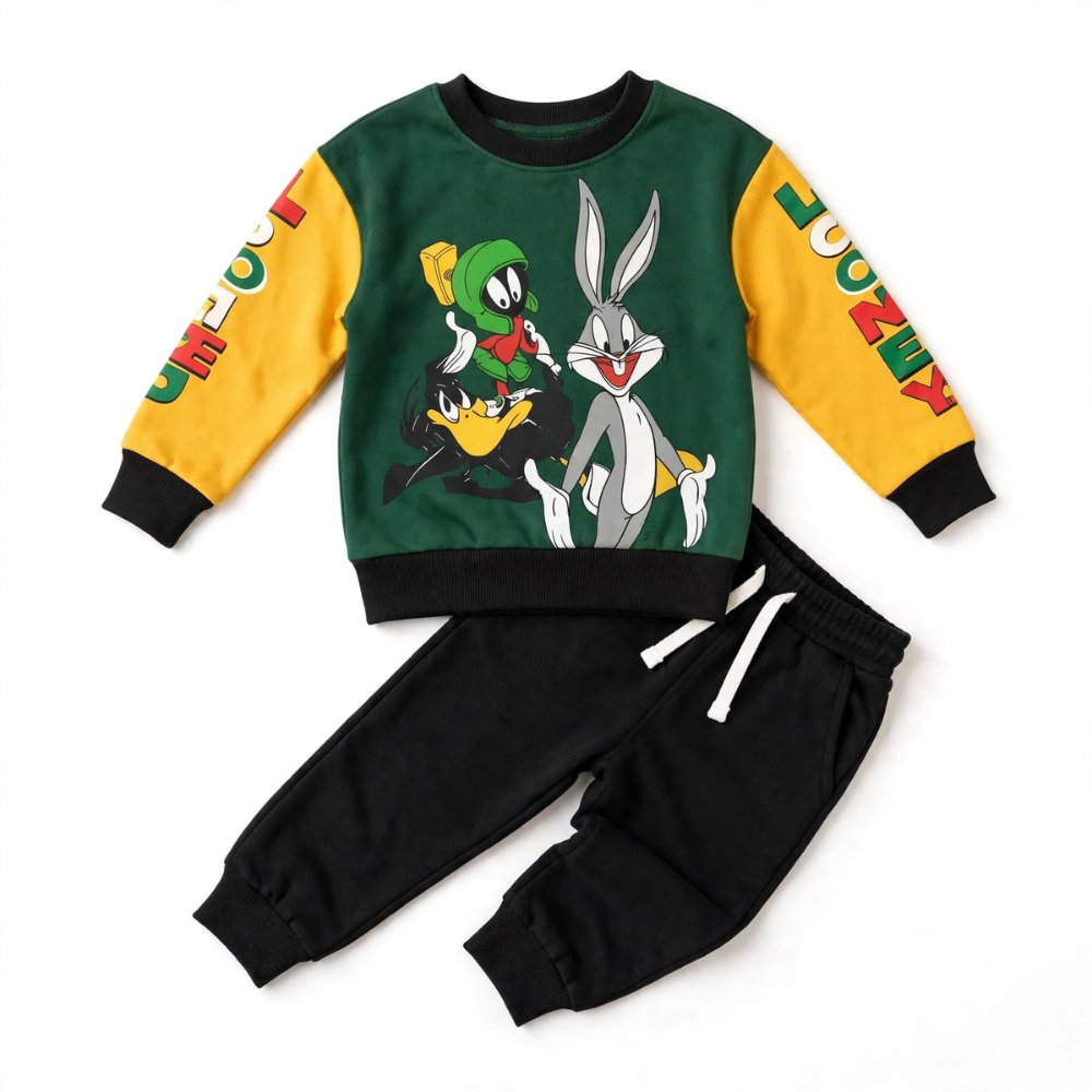 Cartoon Friends Colour Block Sweatshirt & Jogger Set – Green/Black