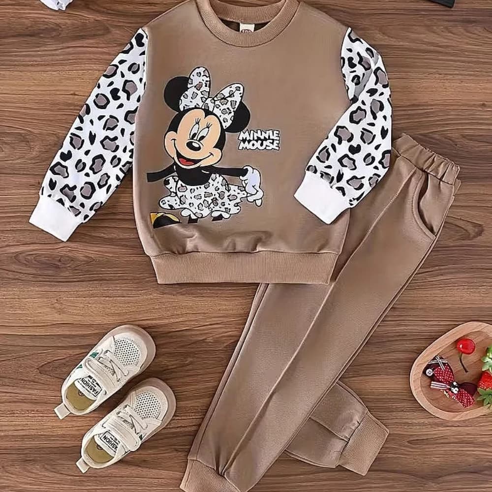 Leopard Sleeve Cartoon Mouse Sweatshirt & Jogger Set – Taupe