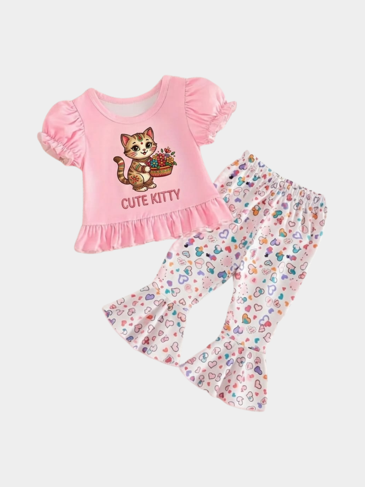 Toddler Girls Pink "Cute Kitty" Ruffle Top & Heart Flare Pants Set