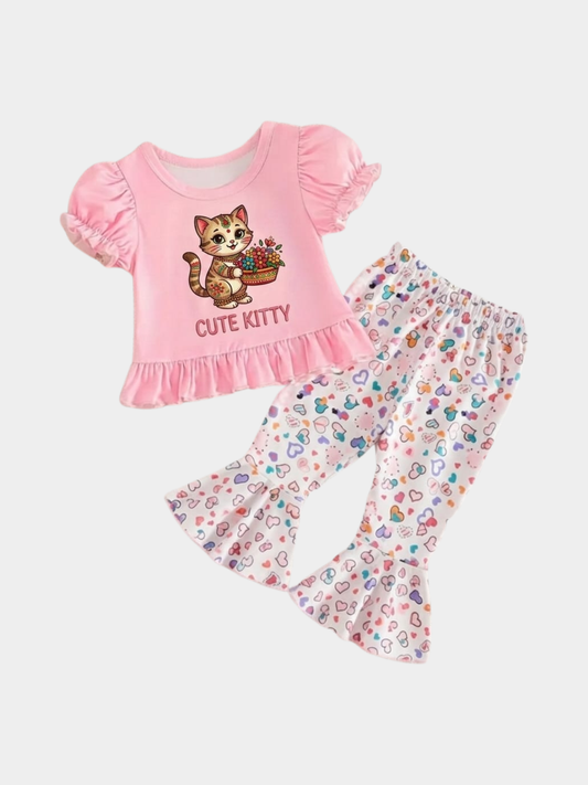 Cute Kitty Pink Ruffle Top & Heart Flare Pants Set