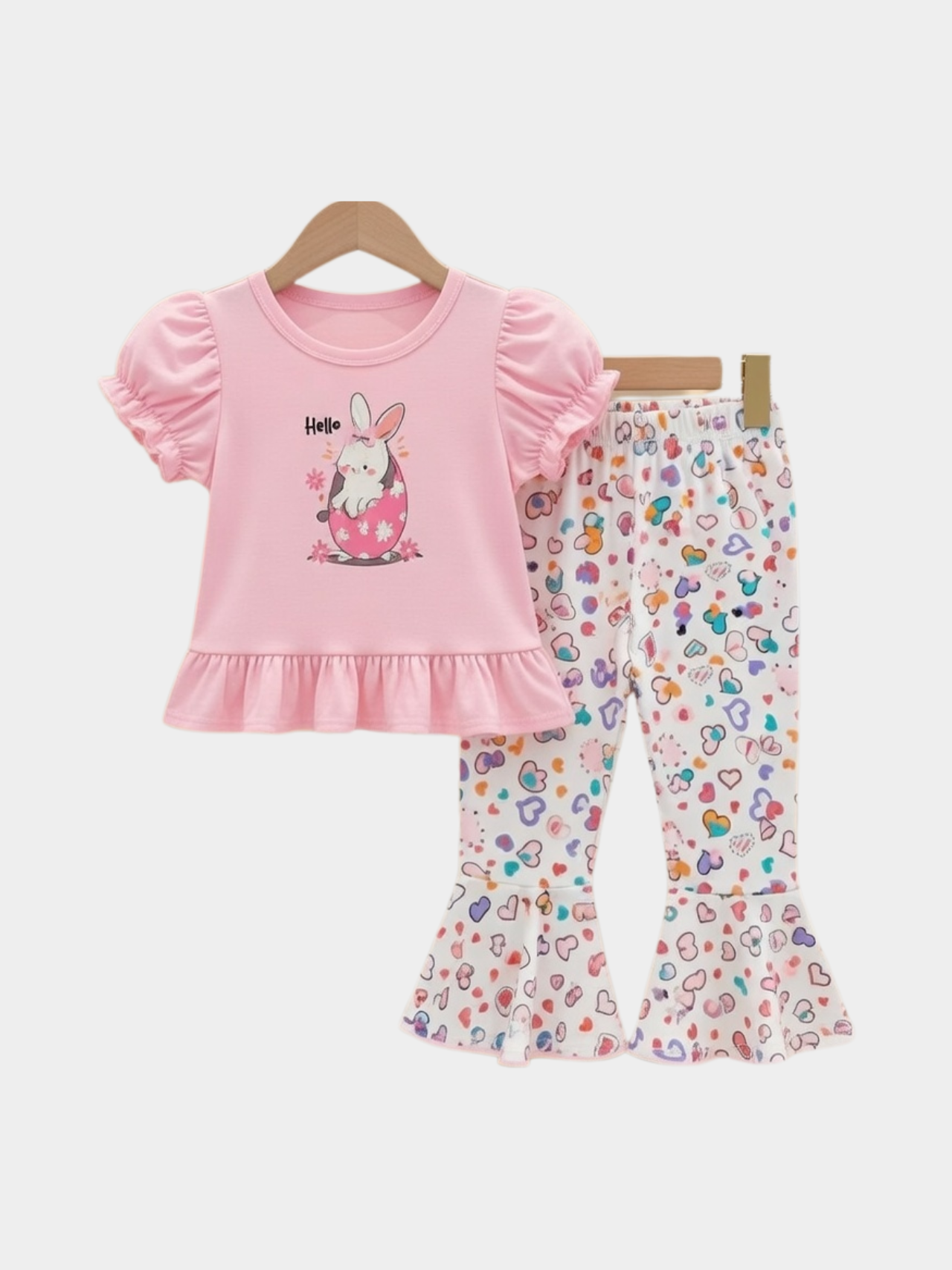 Toddler Girls Pink Bunny Ruffle Top & Heart Flare Pants Set