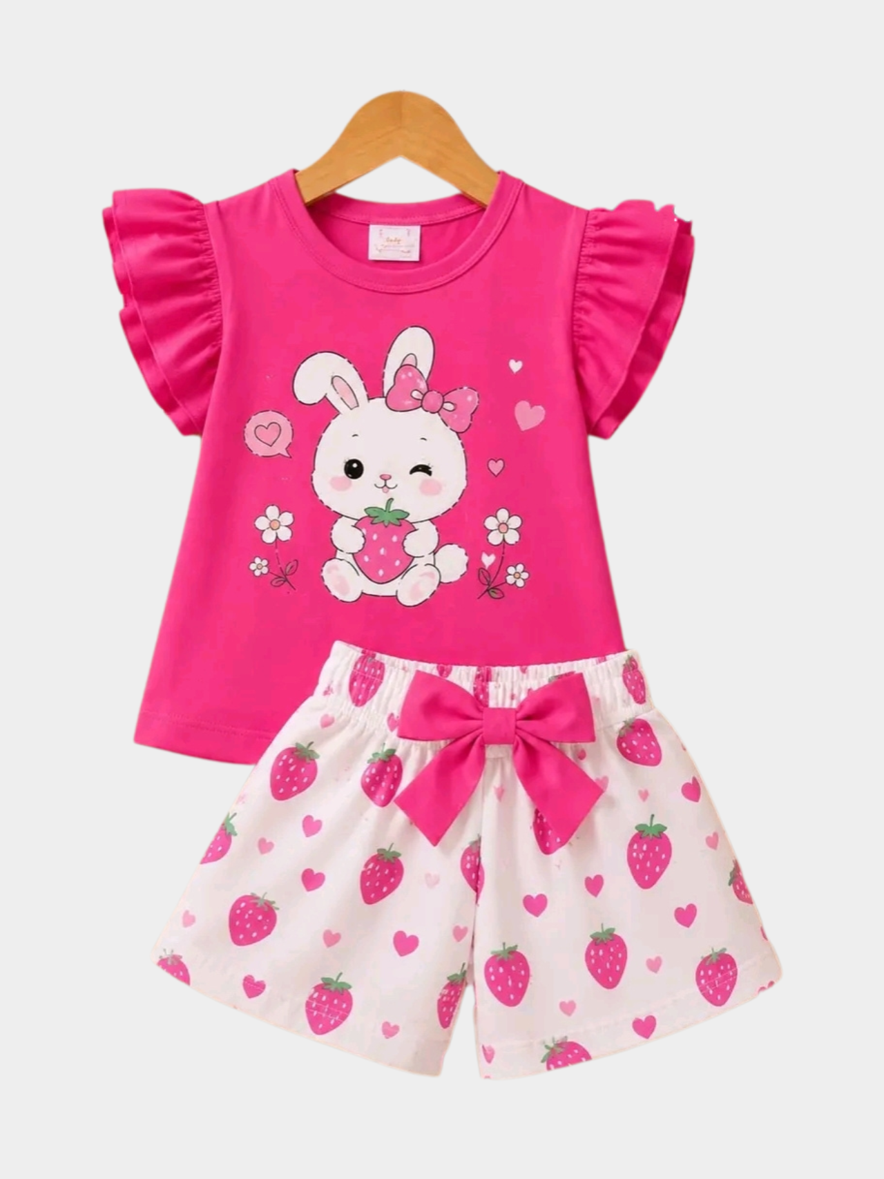 Girls' Hot Pink Bunny & Strawberry Flutter Sleeve Shorts Set