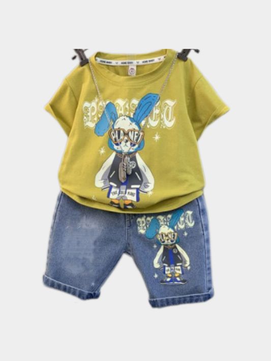 Hip-Hop Bunny T-Shirt & Denim Shorts Set