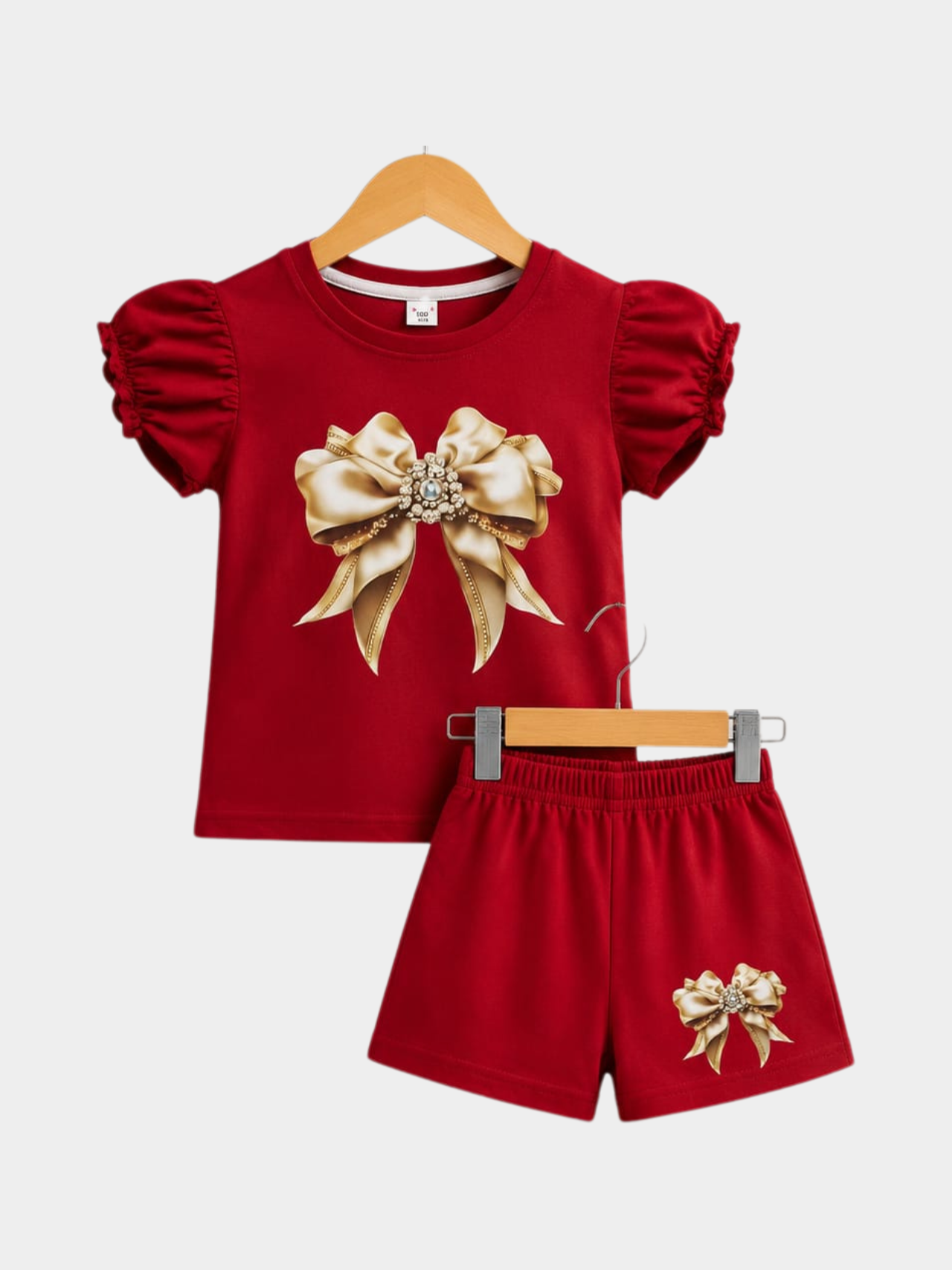 Girls' Red Flutter Sleeve Golden Bow Top & Shorts Set