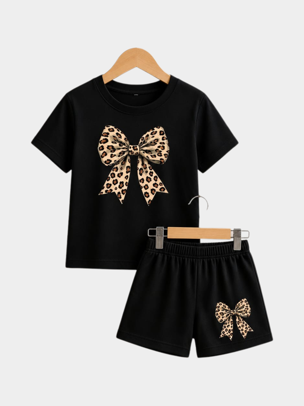 Girls' Leopard Print Bow T-Shirt & Shorts Set