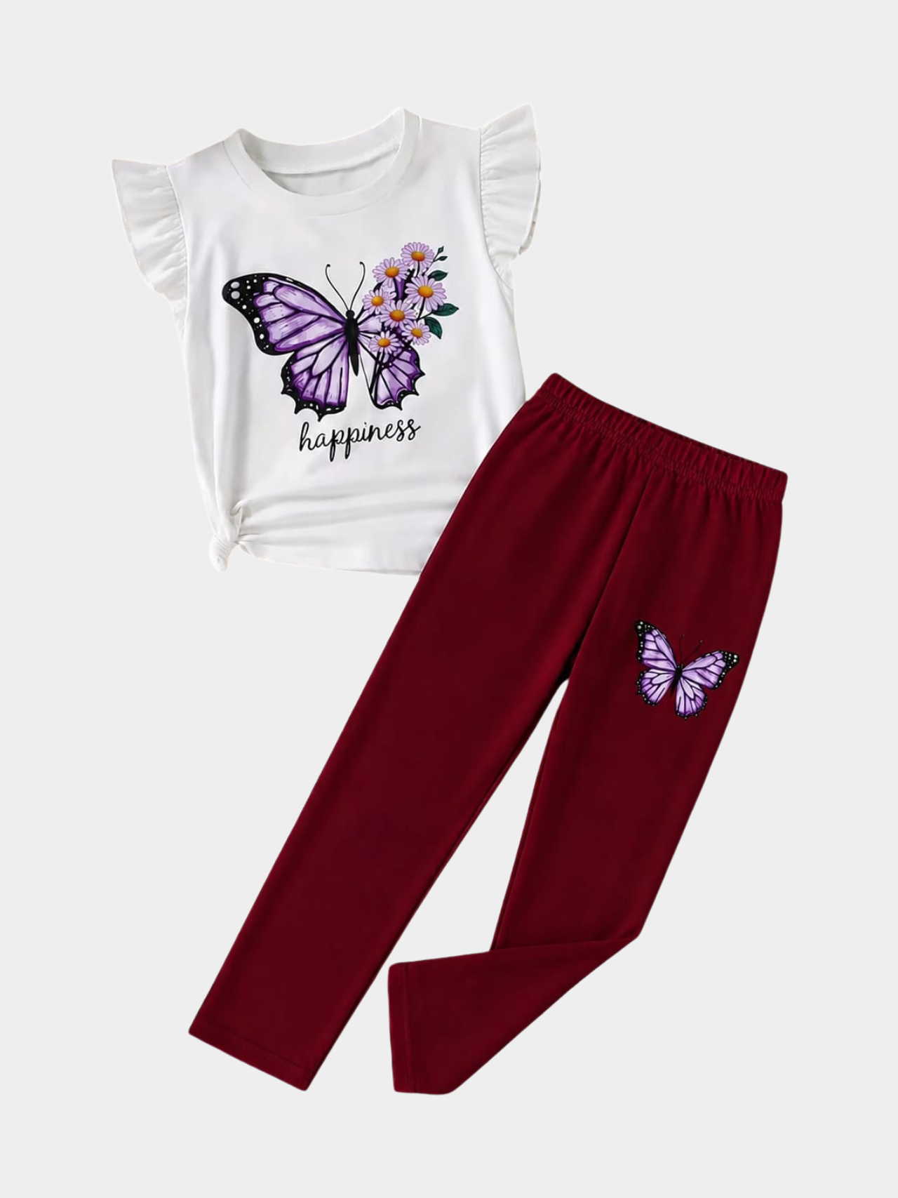 Girls Purple Butterfly & Floral Knot Top with Burgundy Leggings Set