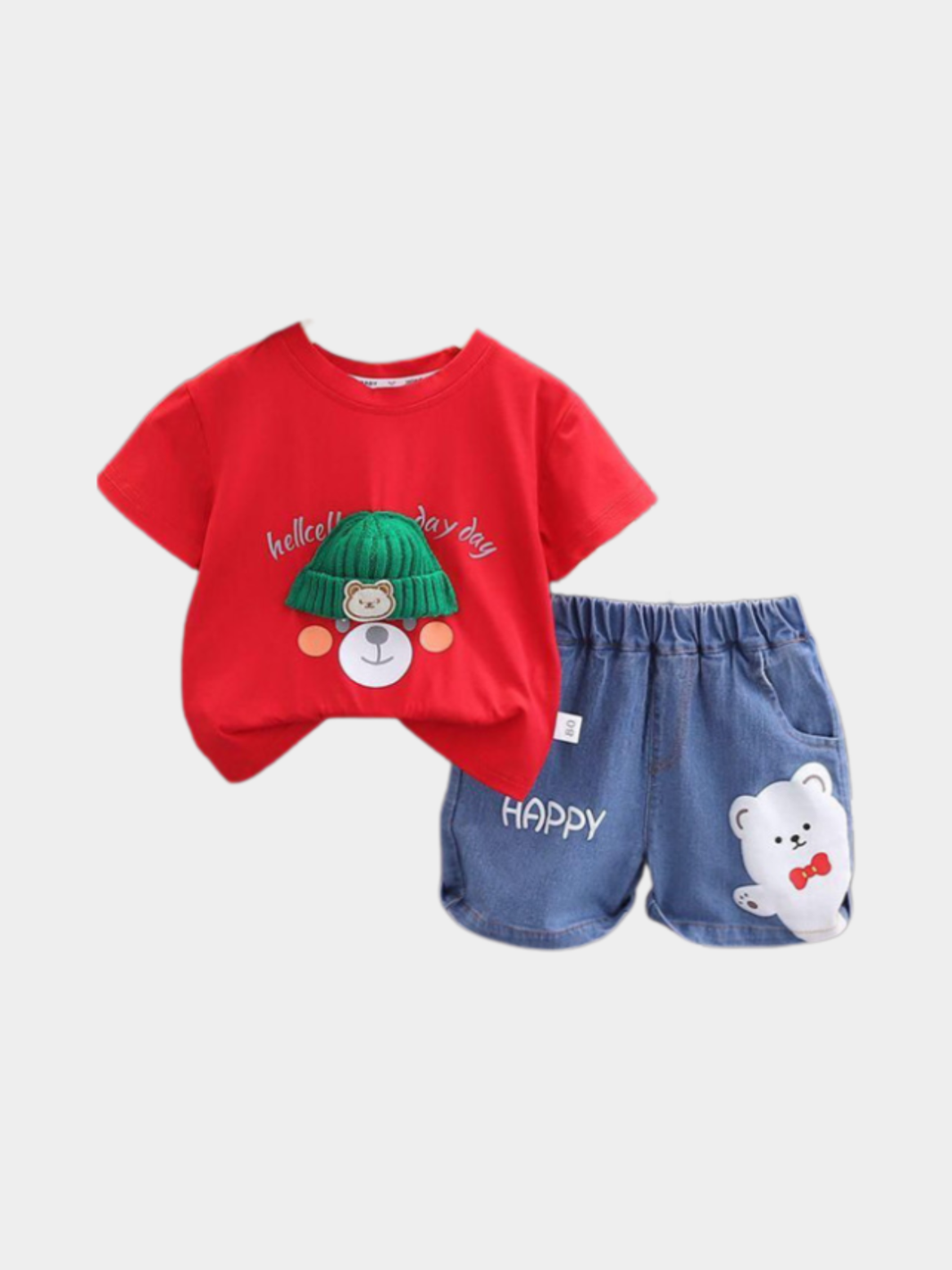 Red Bear Graphic T-Shirt & Denim Shorts Set