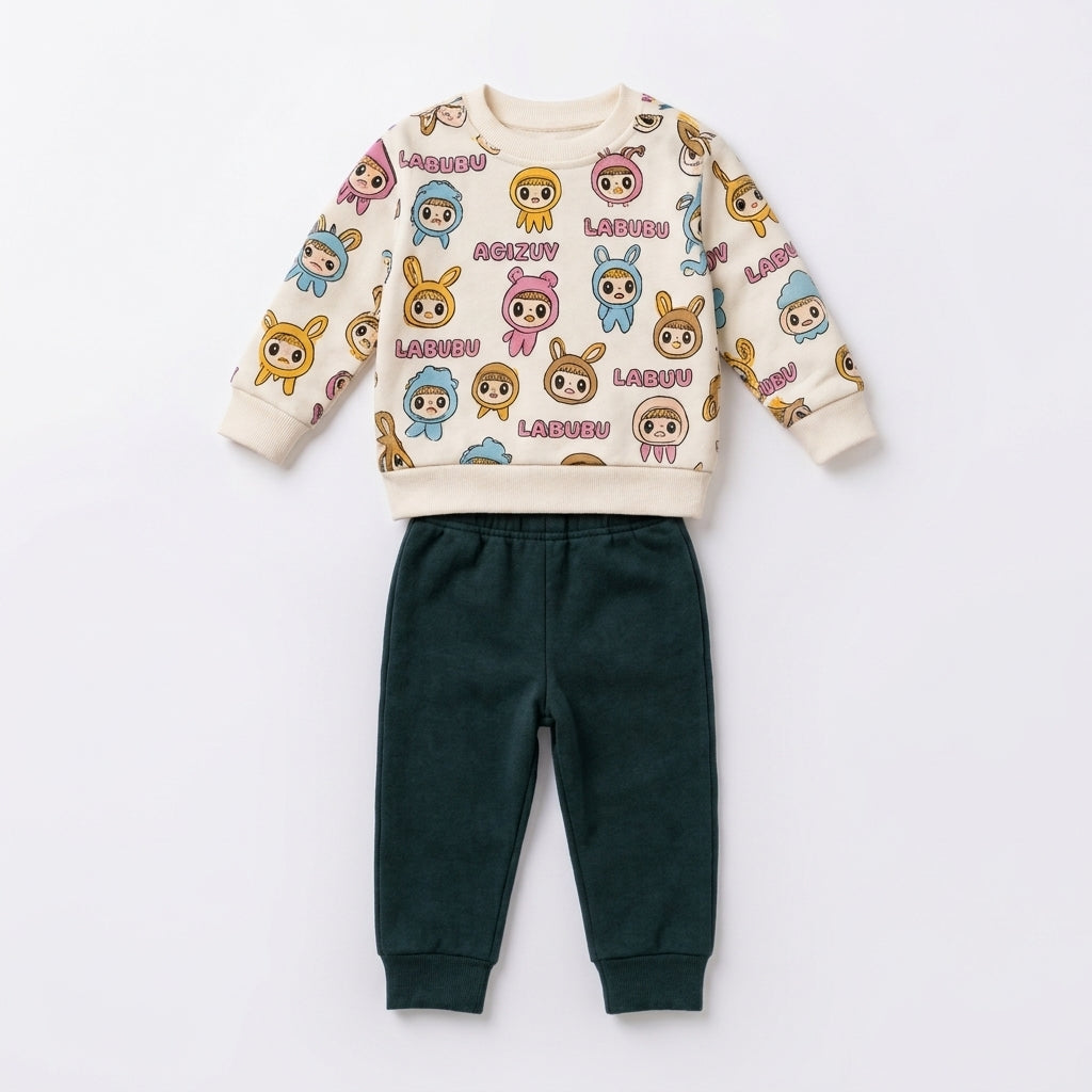 Cartoon Doll Print Sweatshirt & Jogger Set – Cream/Green