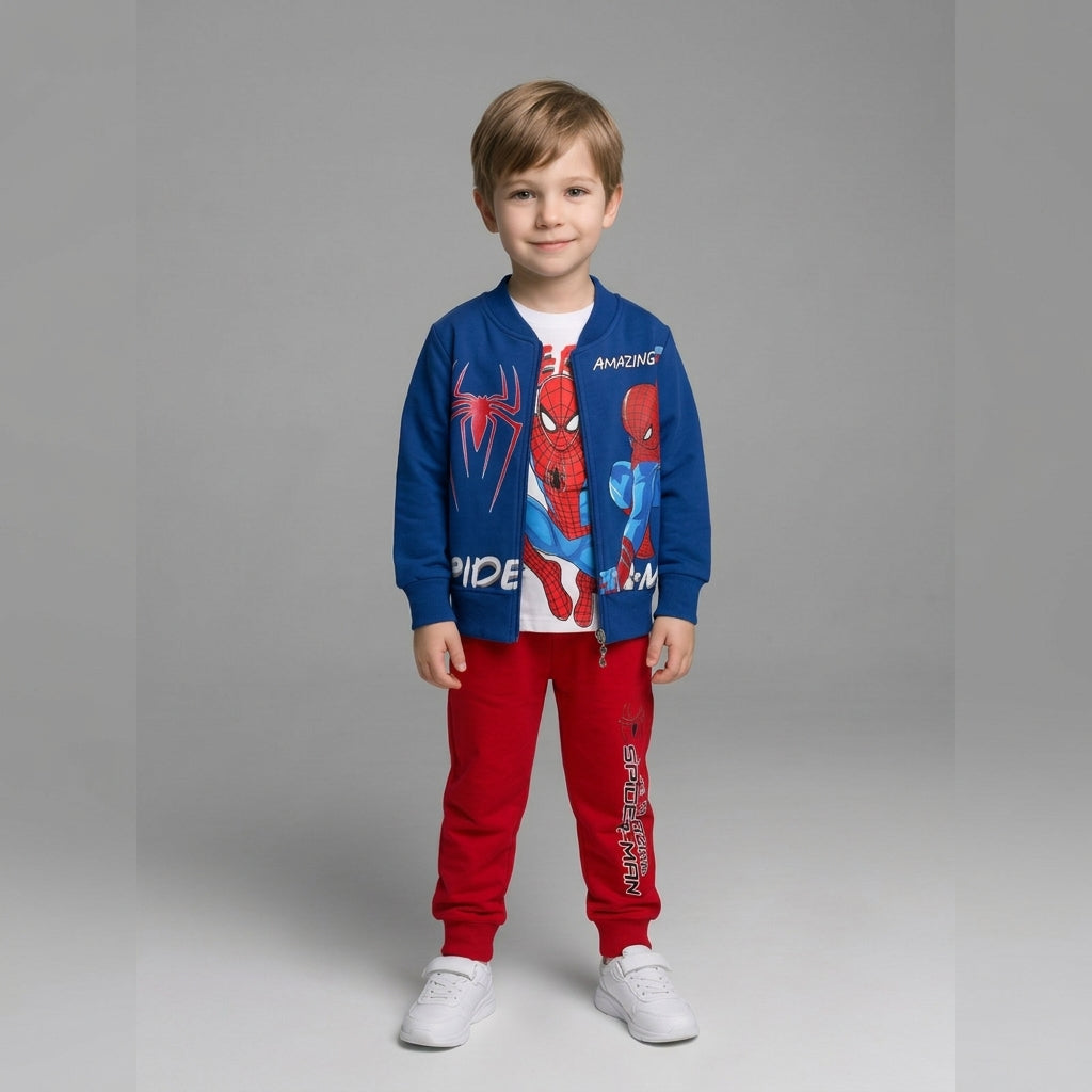 Boys Amazing Spider-Man Bomber Jacket, T-Shirt & Joggers Set – Blue/Red