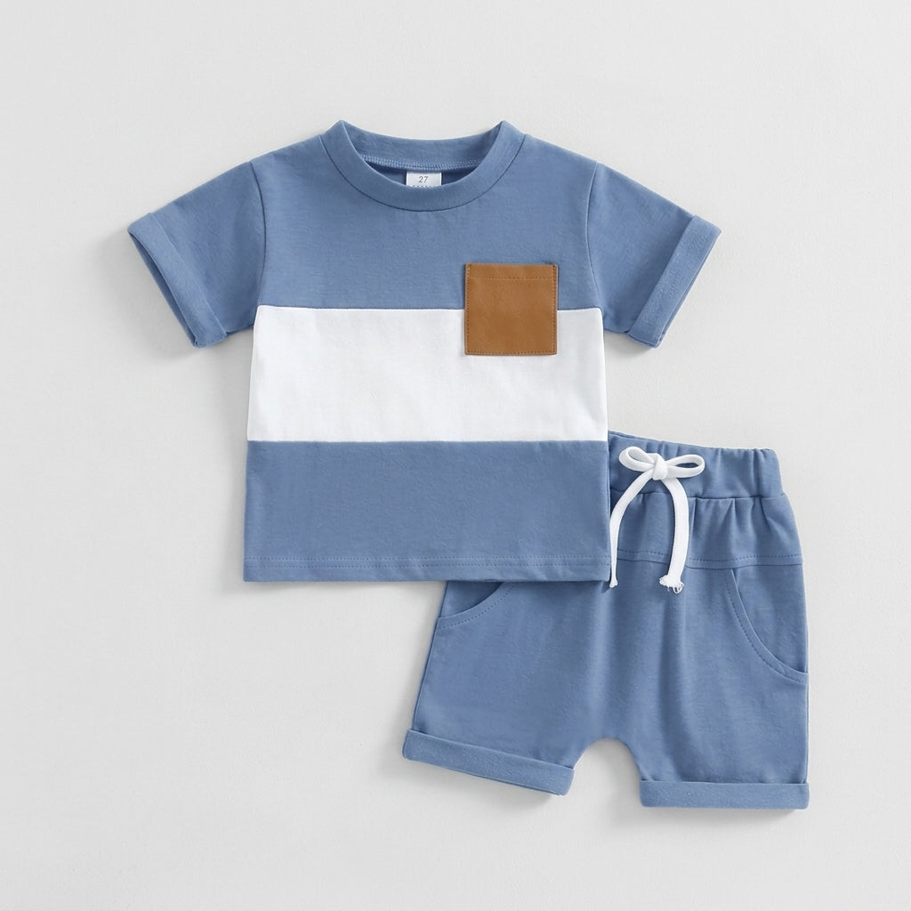 Blue Colour-Block T-Shirt & Shorts Set