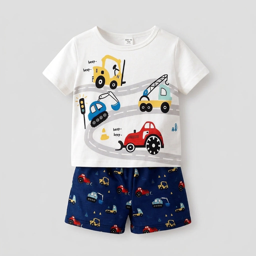White Cars Graphic T-Shirt & Shorts Set