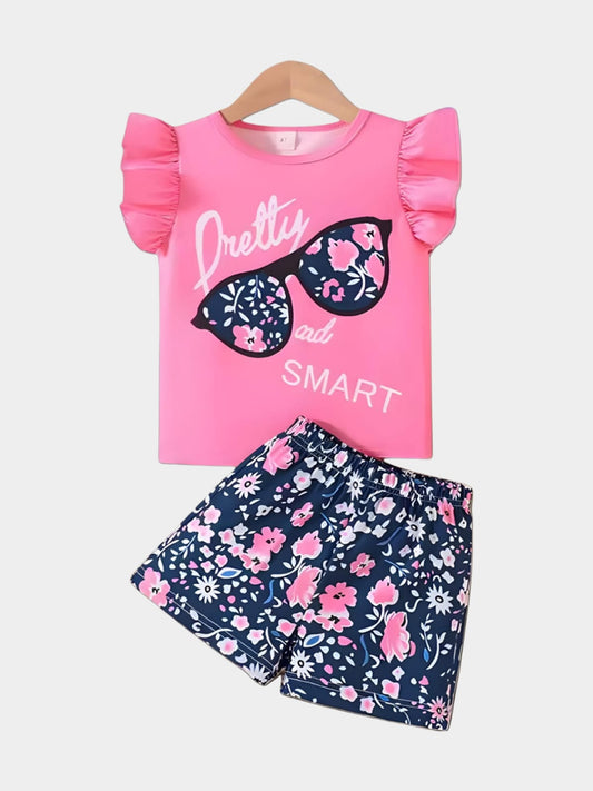 Pretty And Smart Flutter Sleeve Top & Floral Shorts Set