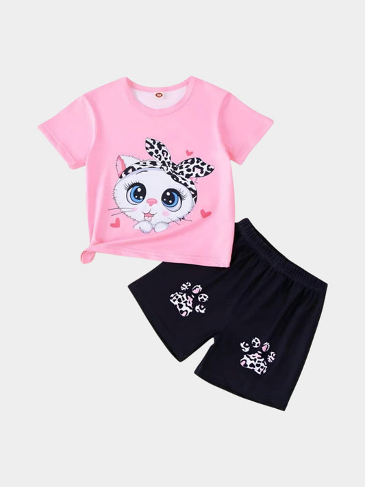 Cat Print T-Shirt & Shorts Set