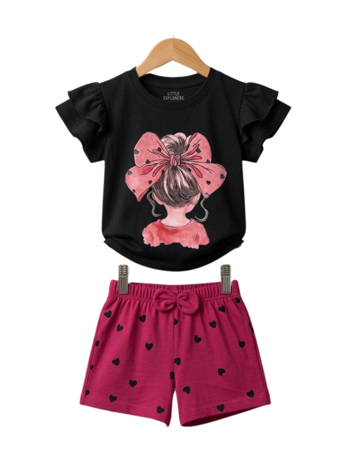 Girls' Pink Bow Graphic Tee & Heart Shorts Set