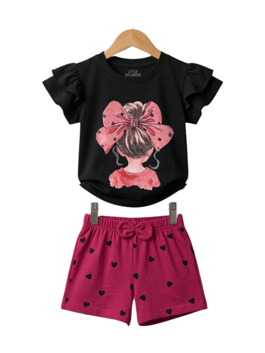 Girls' Pink Bow Graphic Tee & Heart Shorts Set