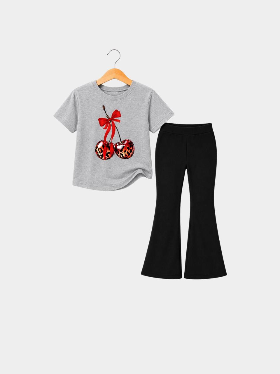 Cherry Leopard Bow Grey T-Shirt & Flare Pants Set