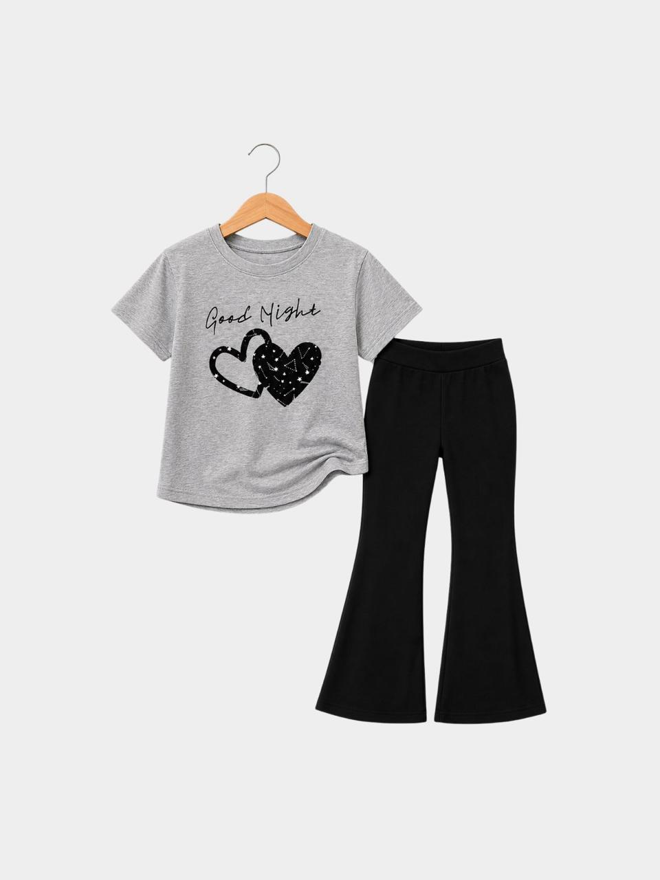 Good Night Hearts Grey T-Shirt & Flare Pants Set