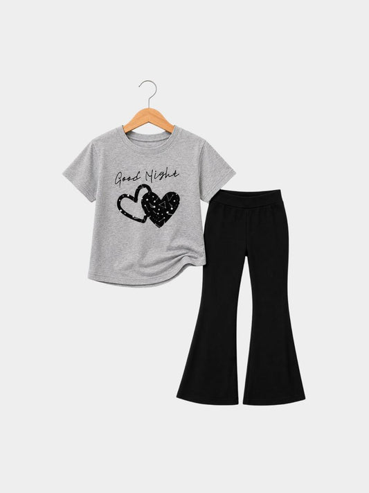 Good Night Hearts Grey T-Shirt & Flare Pants Set