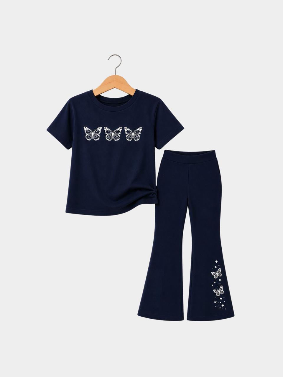 Triple Butterfly Navy T-Shirt & Flare Pants Set