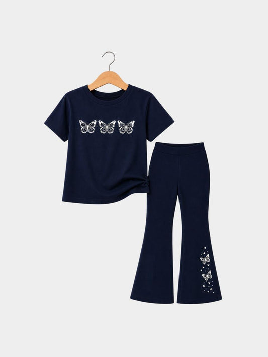 Triple Butterfly Navy T-Shirt & Flare Pants Set