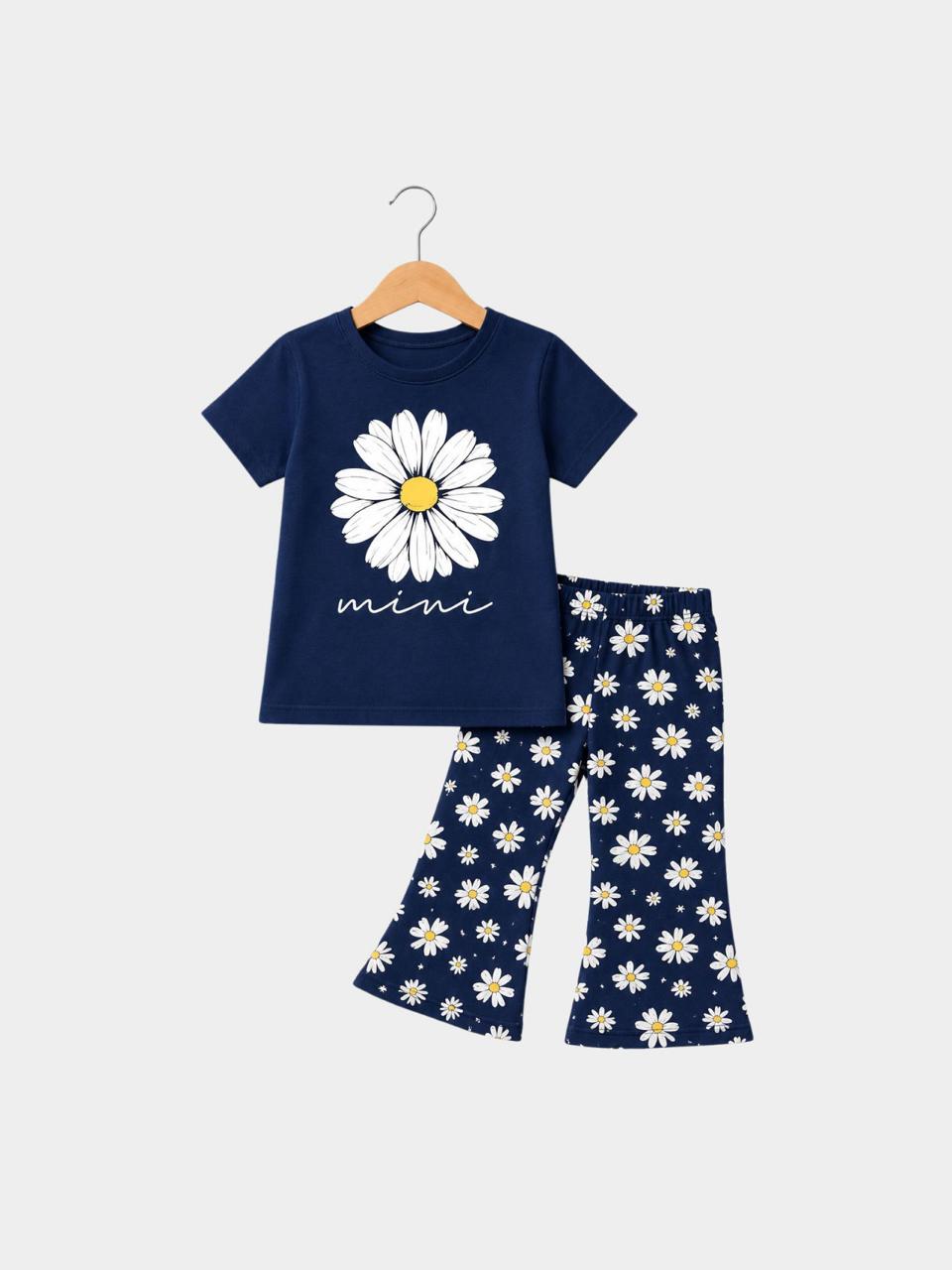 Mini Daisy Navy T-Shirt & Floral Flare Pants Set