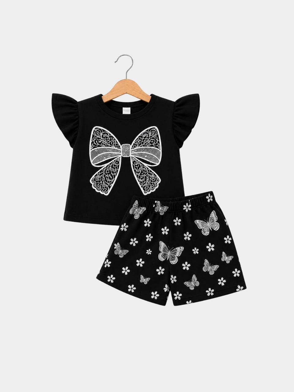 Lace Bow Flutter Sleeve Black Top & Butterfly Shorts Set