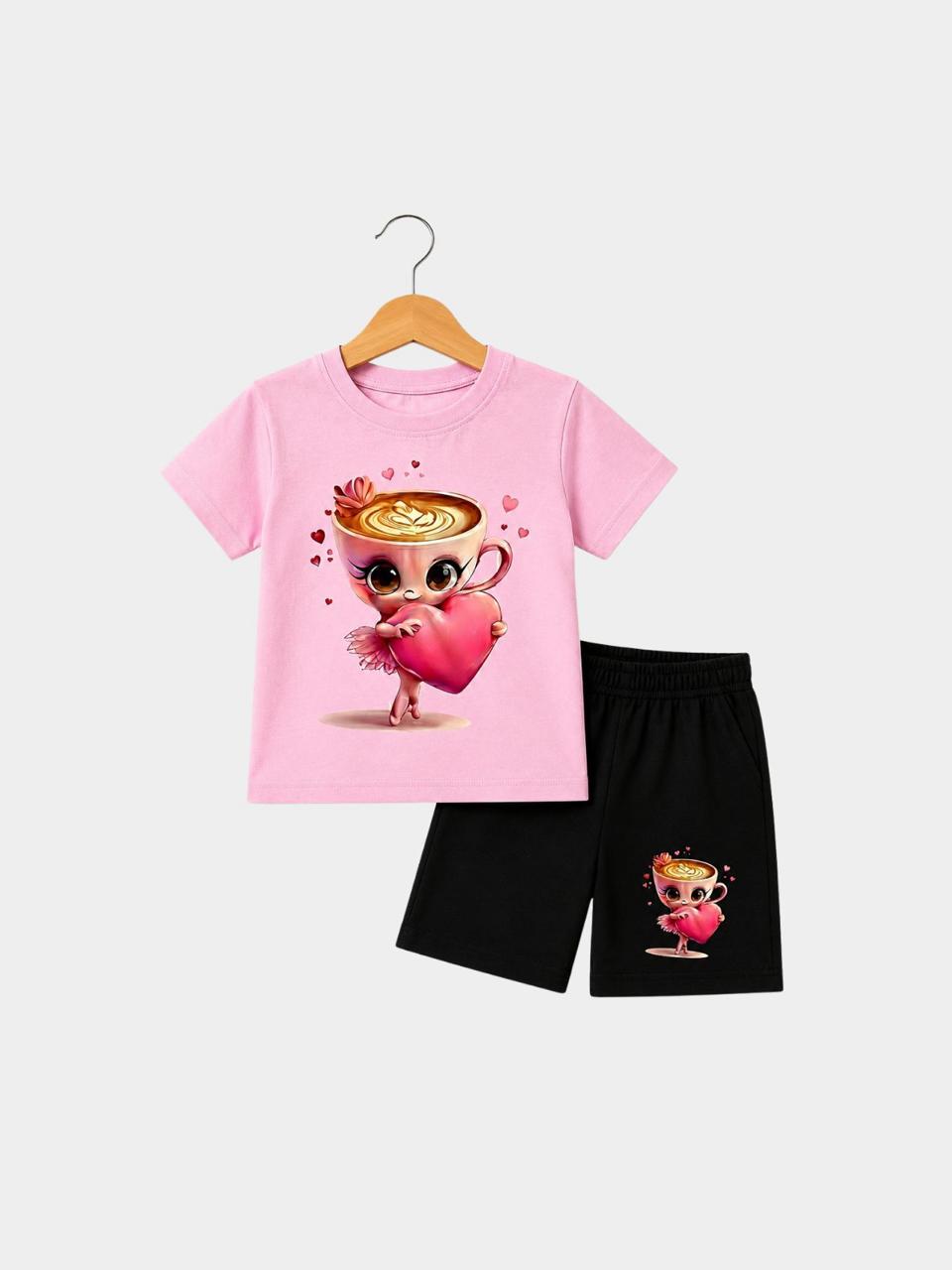 Coffee Cup Heart Pink T-Shirt & Shorts Set