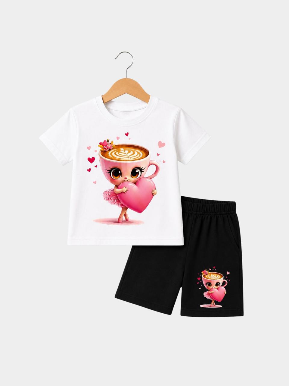 Coffee Cup Heart White T-Shirt & Shorts Set