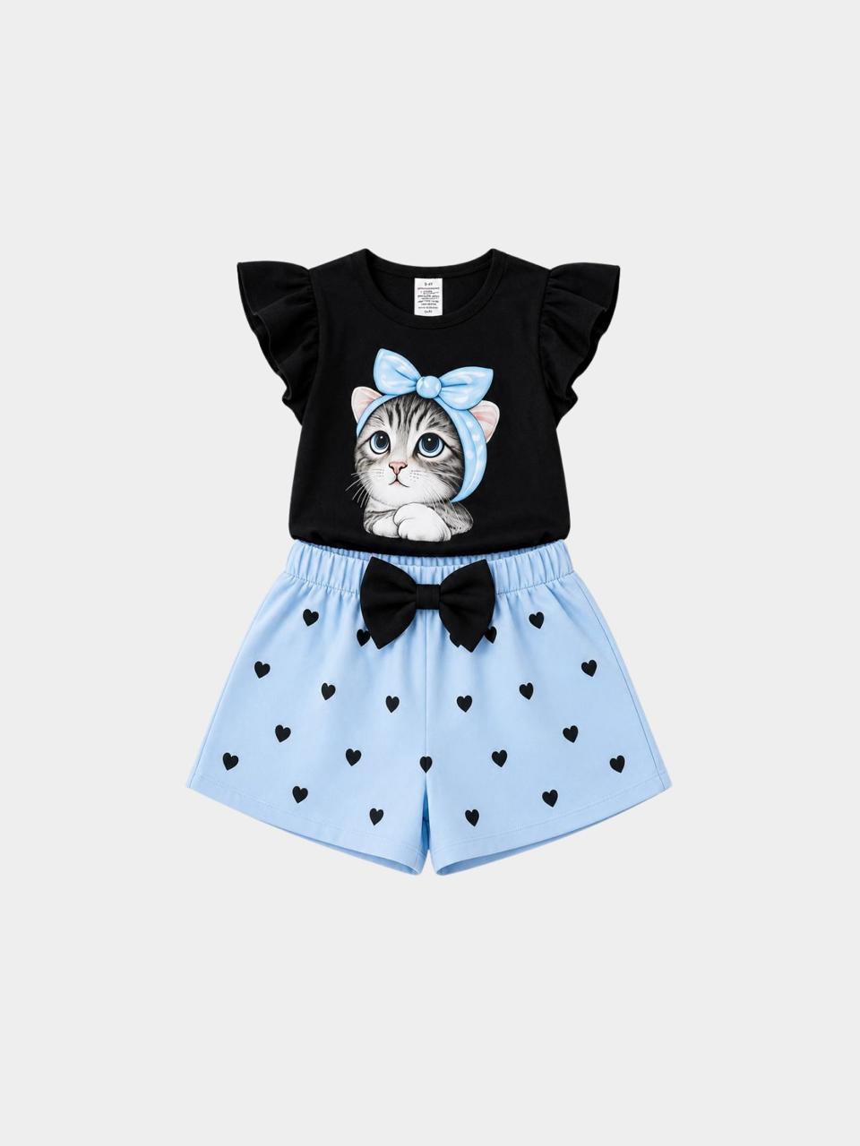 Cute Cat Bow Black Top & Heart Shorts Set