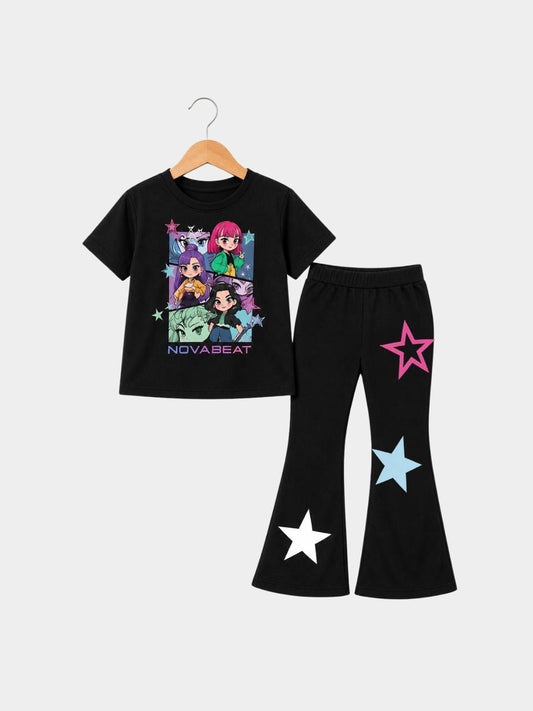 Novabeat Star Black T-Shirt & Flare Pants Set