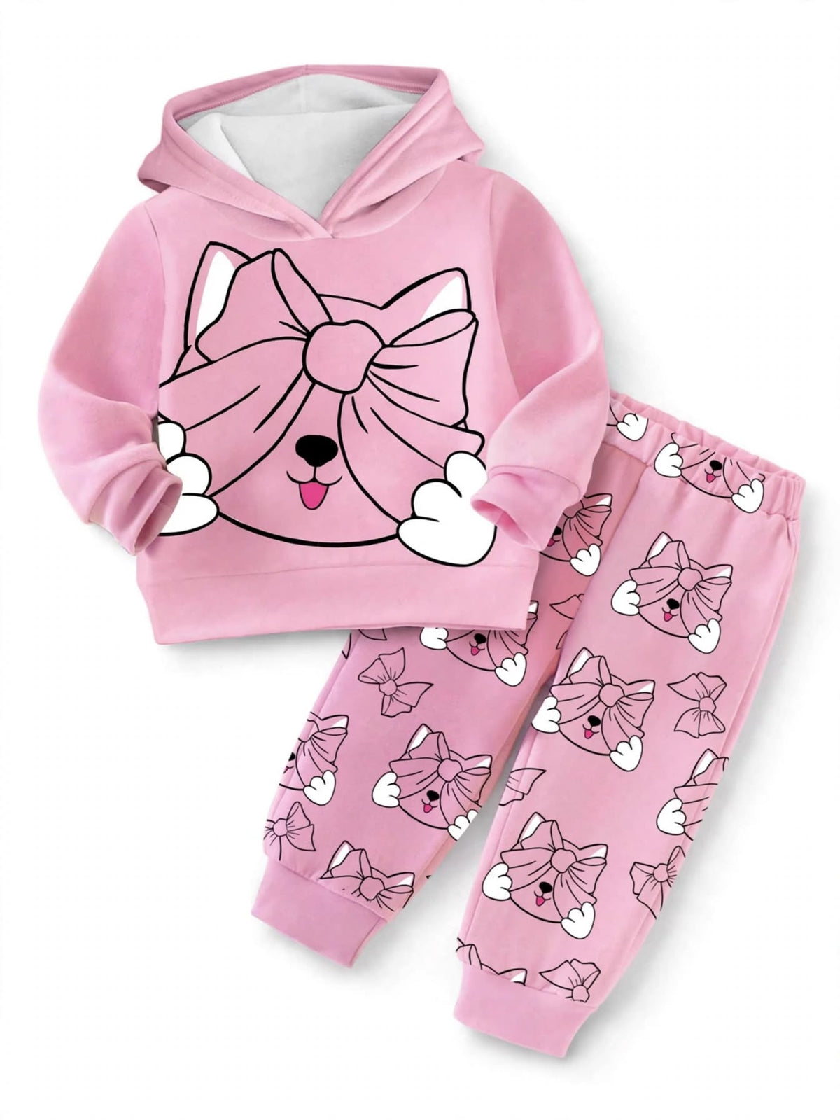Pink bow kitty hoodie and printed jogger set for girls