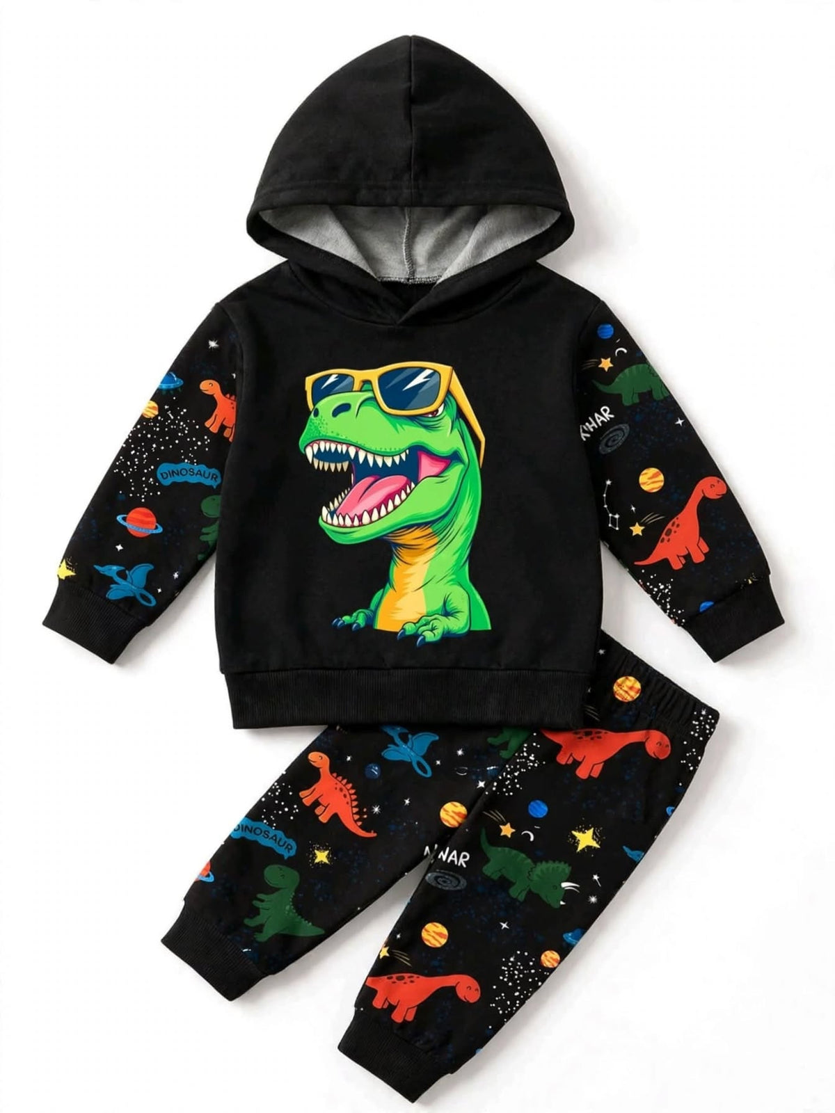 Black dinosaur and space print hoodie and jogger set for boys