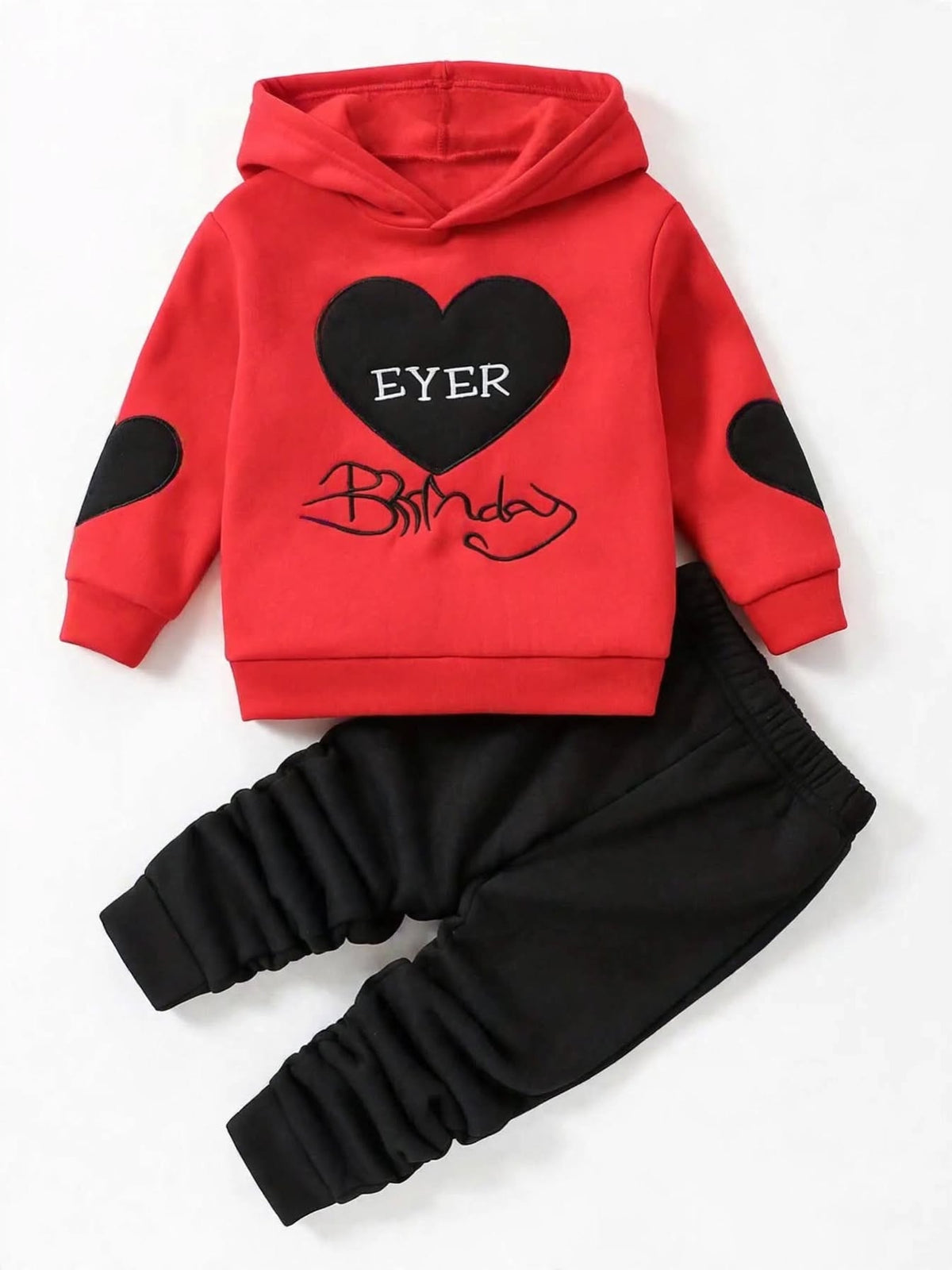 Red and black heart patch hoodie and jogger set for kids