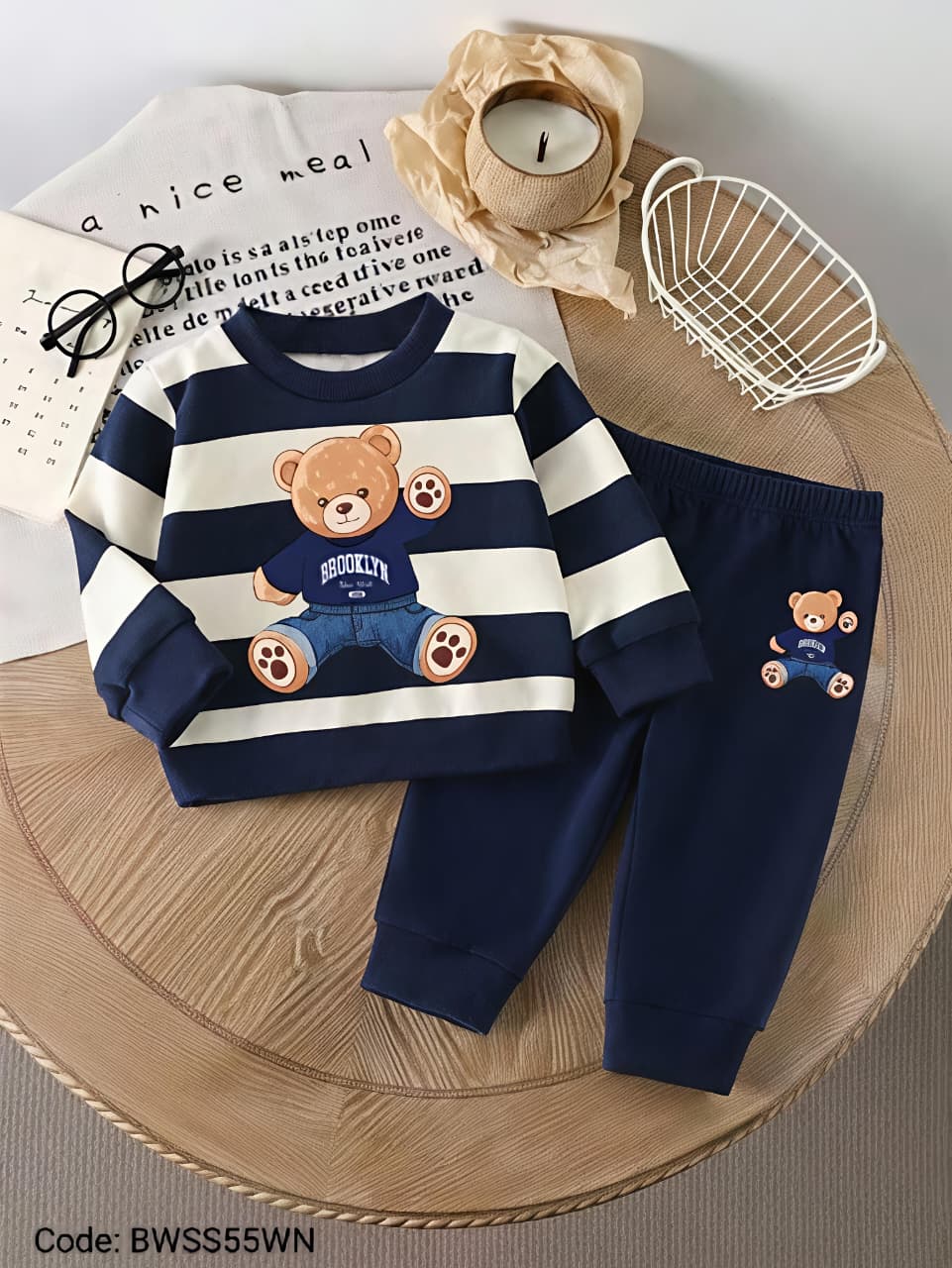 Brooklyn Teddy Striped Sweatshirt & Jogger Set – Navy/White