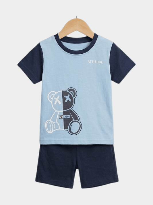 Boys' "Attitude" Bear T-Shirt & Shorts Set - Blue/Navy - ChildrenGoods