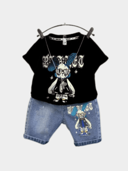 Boys' "Planet Bunny" Black Graphic Tee & Denim Shorts Set - ChildrenGoods