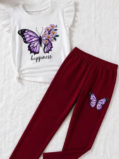 Girls Purple Butterfly & Floral Knot Top with Burgundy Leggings Set