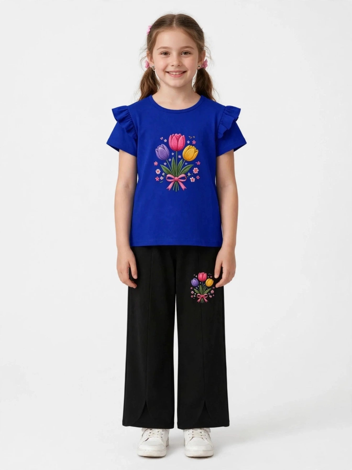 Girls Royal Blue Tulip Top & Wide-Leg Pants Set