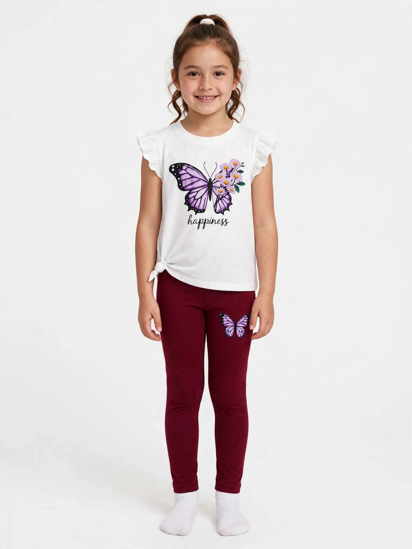 Girls Purple Butterfly & Floral Knot Top with Burgundy Leggings Set