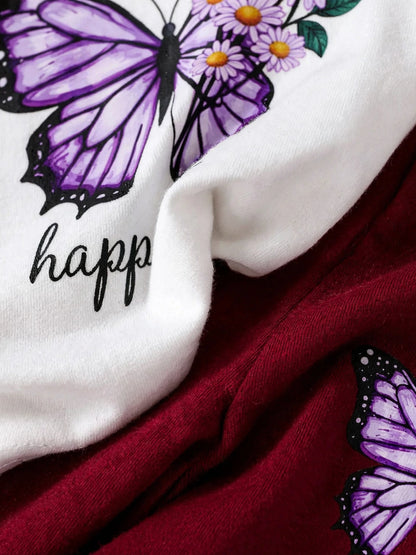 Girls Purple Butterfly & Floral Knot Top with Burgundy Leggings Set