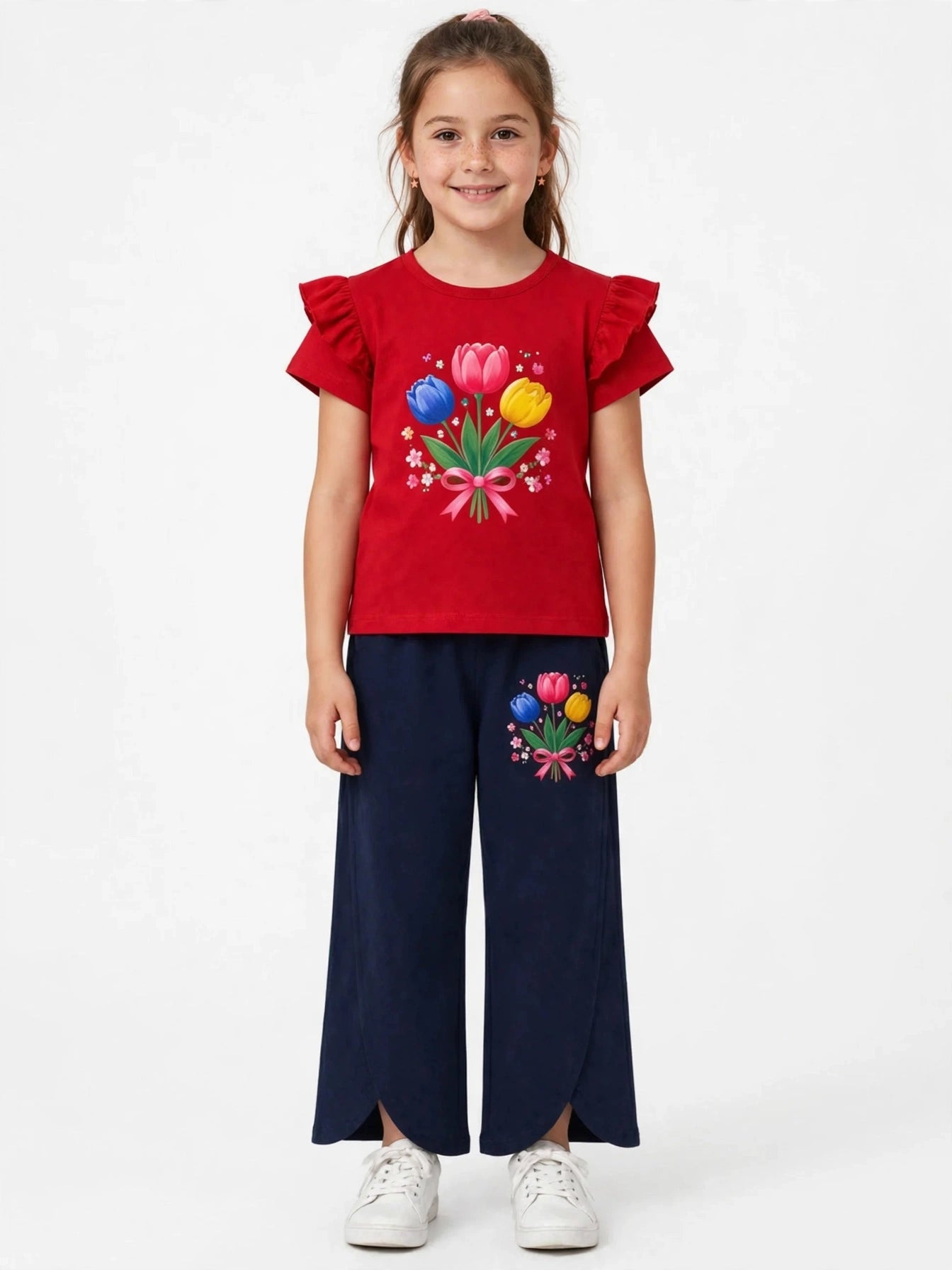 Girls Black Bow-Girl Ruffle Top & Burgundy Flare Pants Set