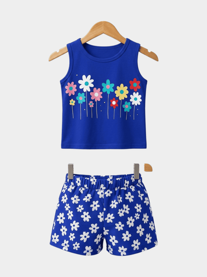 Girls Blue Floral T-shirt And Shorts Set - ChildrenGoods