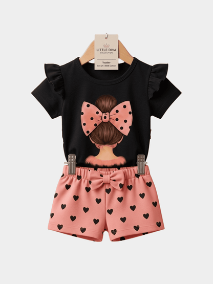 Girls Cat Love T-shirt And Shorts Set - ChildrenGoods