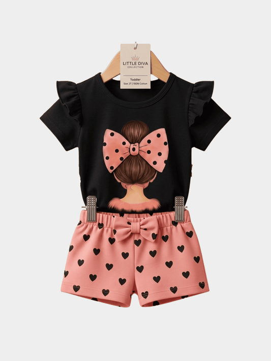 Girls Cat Love T-shirt And Shorts Set - ChildrenGoods